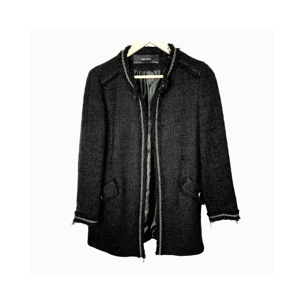 Zara S Tweed $149 Boucle Evening Coat Lady Textured Jacket Long Black Gold NEW! - Picture 4 of 11